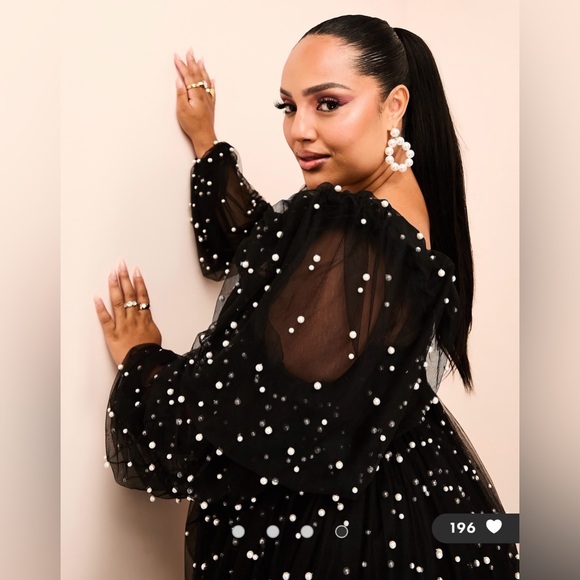 ASOS Luxe Curve Black Pearl Embellished Tulle Babydoll Mini Dress BNWT Plus Size - Picture 5 of 10